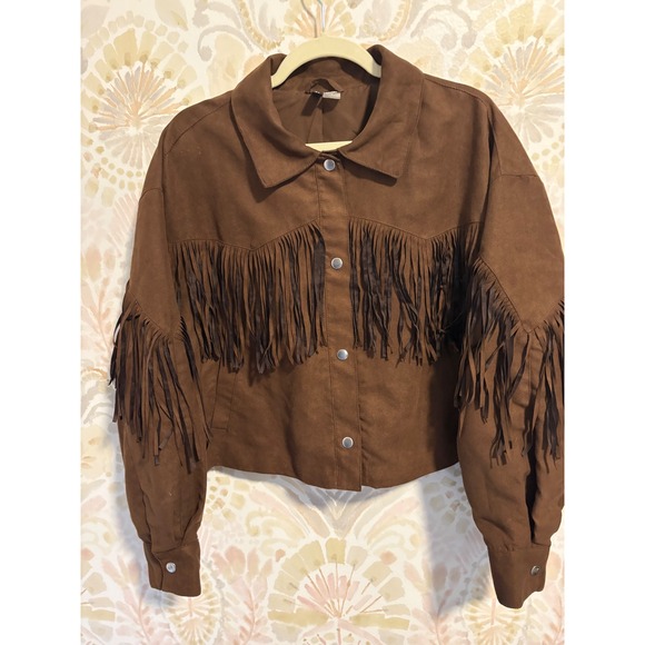 H&M Divided Jackets & Blazers - H&M Divided Brown Faux Suede Fringe Western Jacket Womens XL Cropped Snap Front